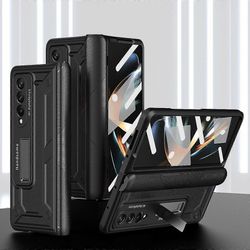 Galaxy Z Fold 5 -kotelo, raskas saranasuojakotelo Samsung Galaxy Z Fold 5:lle jalustalla ja näytönsuojalla Musta