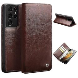 QIALINO aitoa nahkaa oleva puhelimen suojus Samsung Galaxy S21 Ultra 5G -jalustalle Wallet Folio Flip -kotelo Ruskea