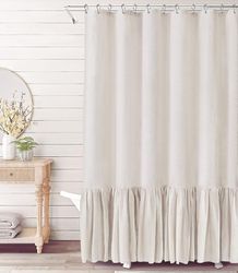 Heytea maalaistalon suihkuverho röyhelöhelmalla, kermanvärinen pellavasuihkuverho kylpyhuoneeseen, luonnollinen, 182,88 cm x 182,88 cm