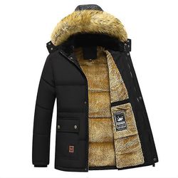 Menn Varm Parkas 2023 Ny vindtett fleece tykk jakke Frakk menn Mote hette Pels Krage Jakke Casual Parka Menn L 55-60kg Black