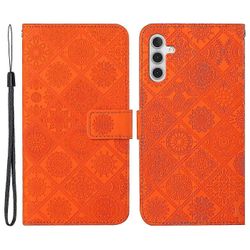 Samsung Galaxy A35 5G matkapuhelimen koteloon painettu etninen kukkanahkainen lompakon jalustan kansi Oranssi
