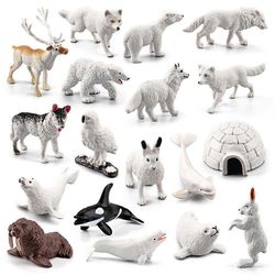 18kpl Polar Arctic Animal Toy Figurines -setti sisältää valkoisen suden, valkoisen pöllön, valkoisen arktisen kanin, arktisen huskyn ja iglusimulaa...