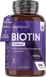 WeightWorld Biotin Hair Growth Supplement 12000mcg - 365 vegaanista tablettia (1 vuosi) - Hiukset, Iho & Kynnet