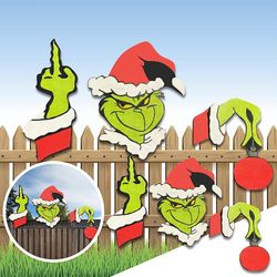 Shakub Christmas Garden Funny Ornament Fence Wooden Peeker The Grinch Santa Claus Elk Xmas Yard Utendørs dekorasjon C