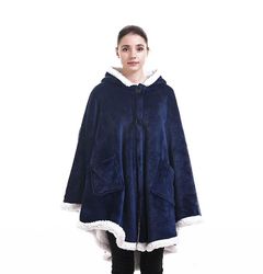 Handuo Poncho Tæppe Wrap, Varm, Wearable Throw Cape navyblue
