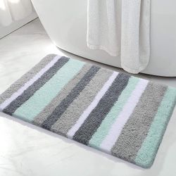 Linkrunning Mikrofiberstribede badeværelsestæpper Bademåtte (grøn-grå, 17"x24") Ekstra tyk, blød og lurvet, absorberende, maskinvaskbar, skridsikke...