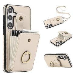 Yhteensopiva Samsung Galaxy A26 5G -kotelon korttipidikkeen renkaan jalustan TPU + PU-nahkaisen puhelimen suojan kanssa pitkällä hihnalla Beige