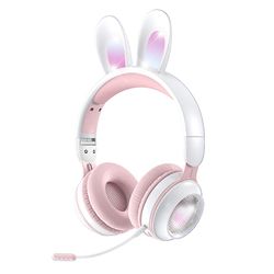 Hiborth KE-01 trådløs ørepropp Bluetooth-kompatibel 5.0-støtte SD-kort RGB-lys nydelig kaninøre sammenleggbart headset til gave Hvit & rosa