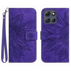 Motorola Moto G56 5G -kotelolle Sunflower Imprint Nahkainen Lompakko Puhelimen Kansi Rannehihnalla Tumma lila Dark Purple