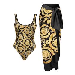 Swimwear Kvinnlig retro baddräkt & kjol Gold Holiday Beach Klänning Designer Baddräkt Vintagef Summer Surf Wear Guld L