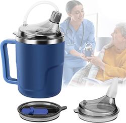 Aikuisten nokkamuki, 14 unssin roiskeenkestävä kuppi pillillä vanhuksille, 3 in 1 ruostumattomasta teräksestä valmistettu nokkamuki 2 kannella, ei ...