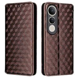 Musta rombi-kohokuvioitu aito nahkakotelo lompakko vivo V50 Lite 5G -älypuhelimelle Monivärinen Brown