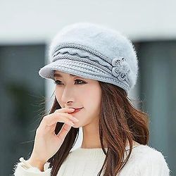 Vinter Høst Beret Lue For kvinner Ull Strikket Lue For mamma Kanin Pels Beret Solid Fashion Lady Cap Fall Lue Kvinne Cap Grå 55-59cm