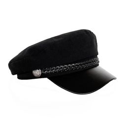 Mote PU Leather Lue Høst Vinter Ull Sailor Lue for kvinner Menn Svart Flat Top Travel Beret Hat Captain Cap