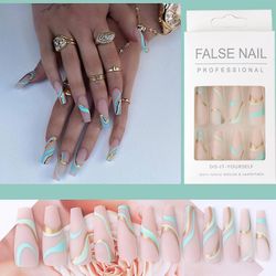 Gold Line Wave Mønster Long Ballet Nail Print Guld Mat Nail Ins Pop Style Color Iført Nail Gelé lim model