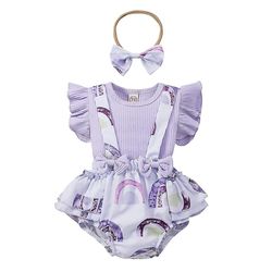 3stk Nyfødte Baby Piger T-shirt Toppe Flæse Sele Shorts Hovedbånd Outfits Sæt Lilla 0-6 Months