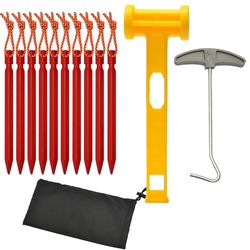 Aluminium Legering Telt Stakes Set, 18cm 10pcs Telt Spil med Plastic Hammer, Telt Peg Puller og Taske, Color Black Rød