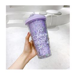 Handuo Rejser Cups vandflaske til voksne med halm og låg Travel Ice genanvendelige Plastic Cup Glitter lilla