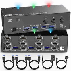 4K@144Hz -Yhteensopiva KVM Switch 3 näytöt 3 tietokonetta, 2 Displayport KVM Swticher, 8K@30Hz, 4 US Musta