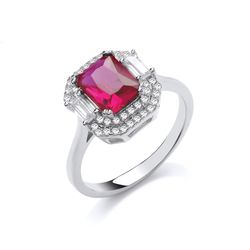 Jewelco London Ladies Sterling Silver Ruby-Red Emerald cut Cubic Zirconia Octagon Amphitheatre Engagement Ring Rød L