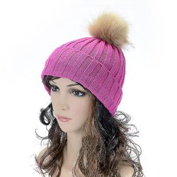 Varychmoo Kvinders strikkede Hue Faux Fur Pom Hatte Hæklet Bobble Vintervarmer Ski Caps Rose rød