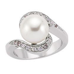 Jewelco London Sterling Sølv Kubisk Zirconia & Simuleret Pearl Tornado Spiral Full Moon Kjole Ring 11mm Hvid R