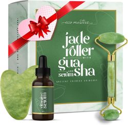 Eco Masters Jade Roller ja Gua Sha setti C-vitamiiniseerumilla - 100% luonnollinen ja aito - vartalo- ja kasvohierontarulla silmien turvotukseen