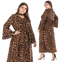 Ruili Blusset langærmet talje lang nederdel krave V-hals Leopard Print Plus Size Dress XL