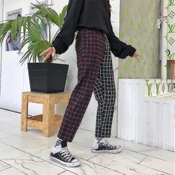 Fashion Vintage Plaid Patchwork Kvinde Man Bukser Bukser sorte sorte bukser L