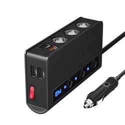 Kuankuanbao Quick Charge 3.0 tupakansytytin jakaja 12V / 24V 3-pistorasiainen 180W ON-OFF DC Power autonjakaja 4-porttisella USB-autolaturilla Musta