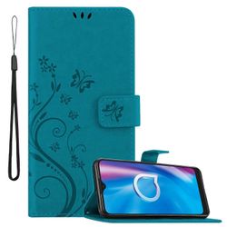 Alcatel 1S 2020 suojakotelo - kukkakuviolla ja korttipaikalla KUKKA SININEN