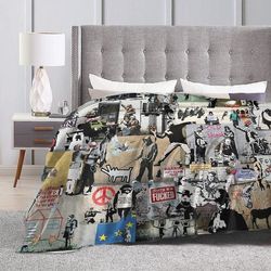 Banksy Collage Super Soft Fluffy Micro Fleece Flanellihuopa sohva -Y462 50x40in 125x100cm