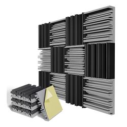 12 Pack-selvklebende lydisolerte skumpaneler, 12 x 12 x 2 tommer akustisk skum, for vegg, hjem, studio GreyBlack