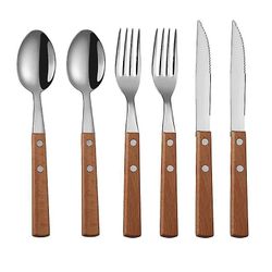 Aoweisia 6pcs/set rustfrit stål bestik sæt med træ håndtag Holder Gaffel Spoon Knife Set Køkken Porcelæn Gul