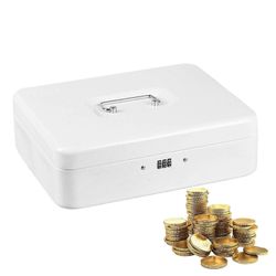 Kassalaatikko lukolla ja rahanmenetyssuojalla, pieni valkoinen metallinen kassakaappi kotiin, toimistoon, kouluun, korujen säilytykseen, rahalaatik...