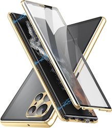 Magnetiskt fodral för Samsung S24 Ultra / S24 Plus / S24 Dubbelsidig Härdat Glas Metall Stötfångare Med Säkerhetslås, Trådlös Laddare Guld For S24 ...