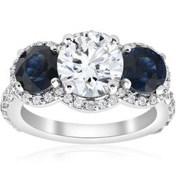 Pompeii3 3 1/2 ct Sapphire & Diamond Halo 3-Stone Forlovelsesring 14k hvidguld 4.5