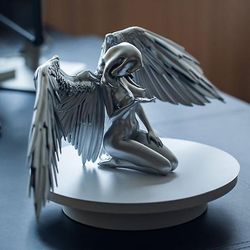 Sjhcd Angel Fairies Figurine, Art Angel Female Woman Wing Knästående Cloak Hat Naken Naken Sexig Mänsklig Kropp SilverHarts Figurin