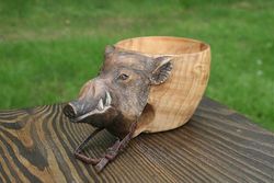 Käsin veistetty puinen muki Eläimet Pää Kuva Kuppi matkailijoille Ulkona Camping Sika