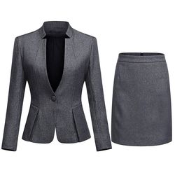 Yynuda Womens 2-delt Stand Collar Solid Color Business Suit Office Lady Slim Professional Dress (blazer + nederdel) Grå L