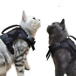 Taktiset kissan valjaat kävelyyn pakosuoja, pehmeä verkko säädettävät lemmikkiliivien valjaat suurelle kissalle, pienelle koiralle MUSTA