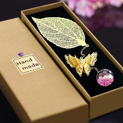 Linkrunning Metal Leaf Bookmark, med 7D sommerfugl vedhæng, En smuk gave til læseren Kvinder Pige og Teacher.Fødselsdage jul Thanksgiving overraske...