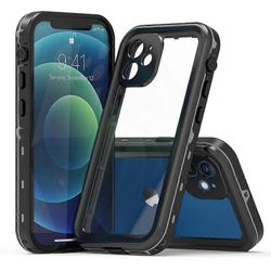 Foxdock Kotelo IPhone 12 mini näytönsuojassa IP68 vedenpitävä täysin vedenpitävä rakennettu 12 jalkaa sotilaallinen iskunkestävä Musta