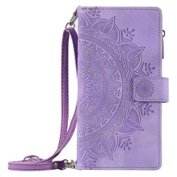 Foxdock Kompatibel med Iphone 14 Pro Case Zipper Wallet Purse präglat Totem-lock med crossbody snodd Lila