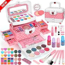 Børn Makeup Toy Kit Vaskbar Børn Makeup Beauty Toy med bærbar kosmetikboks Sort