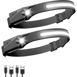 2 pakke Led Head Torch genopladelig USB-forlygtebevægelsessensor, 5 lystilstande Super lyst hoved