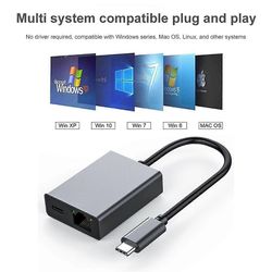Google TV 4K USB -telakkasovitin, USB C, Ethernet, USB C–Ethernet-sovitin, Plug and Play -tuki PD Harmaa