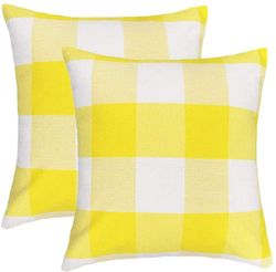 Linkrunning Sæt med 2 Farmhouse Buffalo Check Plaid Throw Pudebetræk Pudebetræk Polyester Linned til sommerhusindretning gul og hvid, 18 x 18 tommer