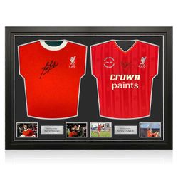 Exclusive Memorabilia Kevin Keegan &; Kenny Dalglish allekirjoittivat Liverpoolin jalkapallopaidat. Kaksi kehystä