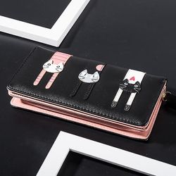 Jiekesen Svart Mini Faux Leather Bifold søt katt glidelås vesken for kvinner